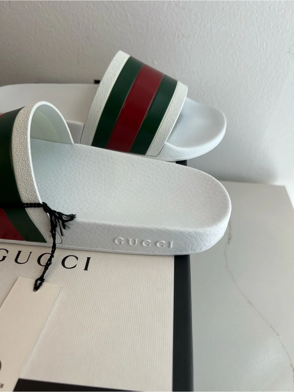 Gucci White Slides with Green & Red Stripes - Luxury Designer Style